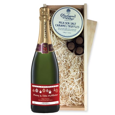 Personalised Champagne - Xmas 2 Label And Milk Sea Salt Charbonnel Chocolates Box